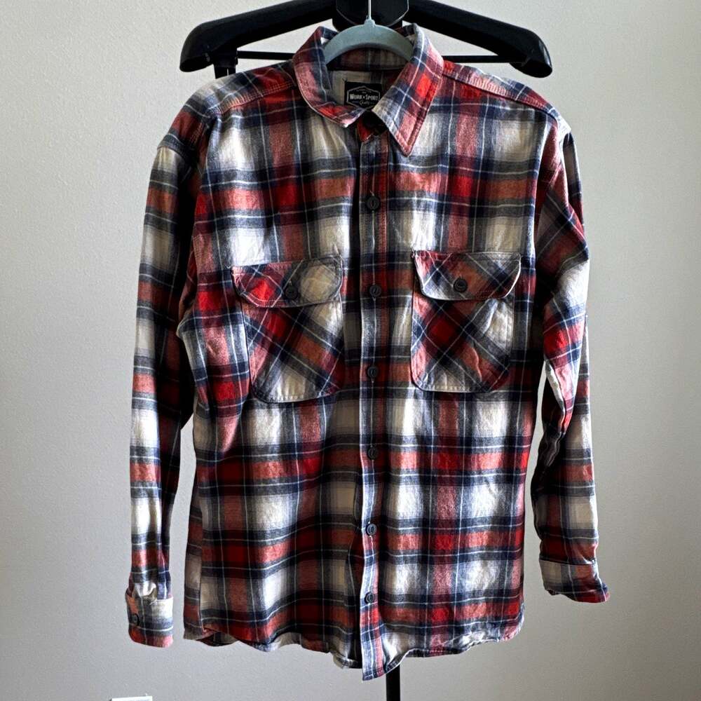 Work 'N Sport Men’s Flannel Plaid Red Gray White Long Sleeve Button Up Size L